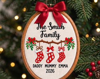 Personalized Family Christmas Ornament, Custom Embroidered Stocking Hoop, Family Name Keepsake, Christmas Gift for Family, Family Of Three