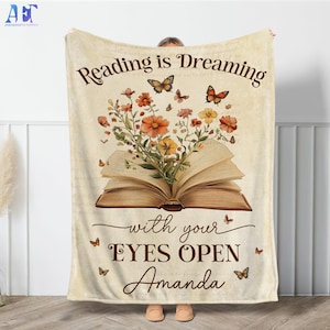 Personalized Floral Book Blanket, Custom Books Gift For Book Club, Book Lover Gift, Book Blanket, Bookish Reader Birthday Gift, Teacher Gift