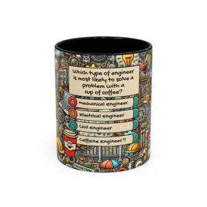 May include: A black-handled coffee mug with a colorful design featuring engineering-related graphics and text. The text on the mug asks, "Which type of engineer is most likely to solve a problem with a cup of coffee?" with answer choices.