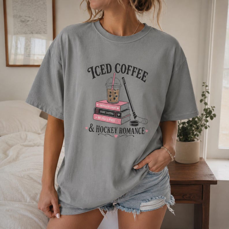 Iced Coffee Hockey Romance Shirt, Booktok Aesthetic Merch, Enemies To Lovers Tee, He Falls First Shirt, Fake Dating, Spicy Reader Gift image 1