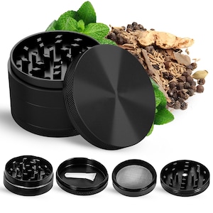2” Herb Spice Grinder 4 Piece Aluminum Metal Crusher – Kitchen Tool Black