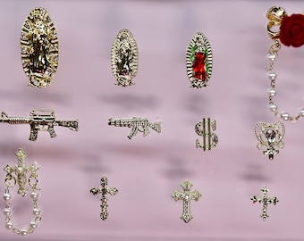 Gold Virgin Mary & Cross Nail Charm Bundle - (48 pieces) 3D Nail Art Decoration