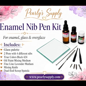 May include: Pearly's Supply Enamel Nib Pen Kit for enamel, glass, and overglaze. Includes a glass palette, two pens with four nibs, True Colors Black 424, Oil Paint Mixing Medium, Fine Line Lavender Medium, a mixing knife, and a dual-end scoop spatula.