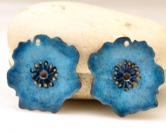 Enameled Copper, Beautiful Blue Flower Enameled copper pair