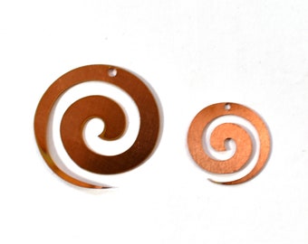 May include: Two copper-colored metal spiral shapes, one larger than the other, with a hole at the top for hanging.