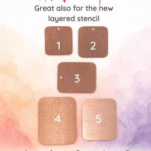 May include: Five rectangular copper-colored metal tags with rounded corners and a single hole at the top. The tags are numbered 1 through 5 with corresponding dimensions listed below in inches: 1 is 0.8 x 0.8 in, 2 is 0.9 x 0.9 in, 3 is 1.2 x 0.9 in, 4 is 1.3 x 1.6 in, and 5 is 1.2 x 1.4 in.