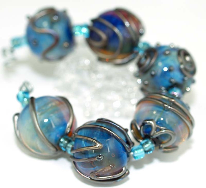 Lampwork Beads glass beads artisan glass beads jewelry supplies Blue and metallic 18mm round Handmade lampwork glass beads SRA set of 6
