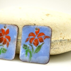 May include: Two blue enamel rectangular charms with a red flower design and green leaves. The charms have a hole at the top for hanging.