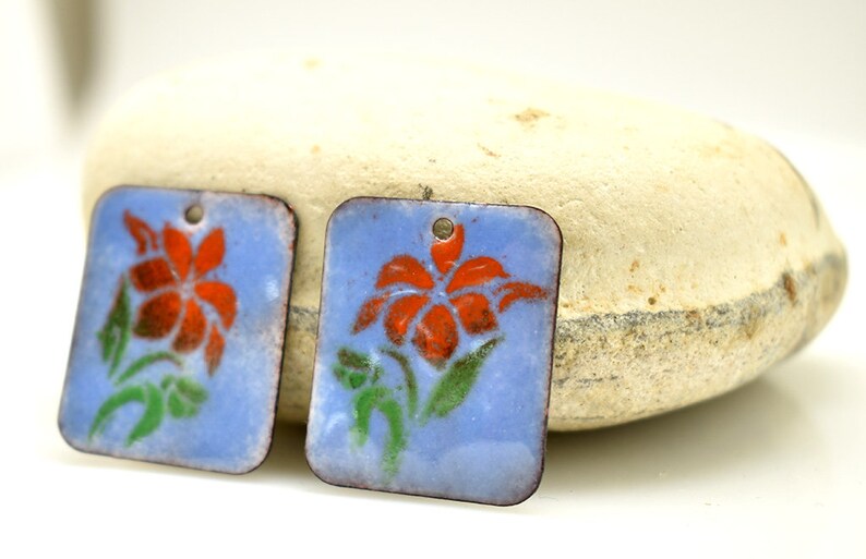 May include: Two blue enamel rectangular charms with a red flower design and green leaves. The charms have a hole at the top for hanging.