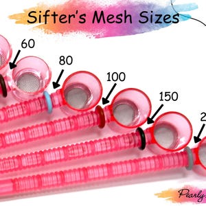 May include: Six pink sifters with different mesh sizes, labeled 40, 60, 80, 100, 150, and 200. The sifters are lined up in order of increasing mesh size, with the smallest mesh size on the left and the largest mesh size on the right. The sifters are all made of clear plastic and have a black handle. The sifters are used for separating different sizes of beads and other small objects.