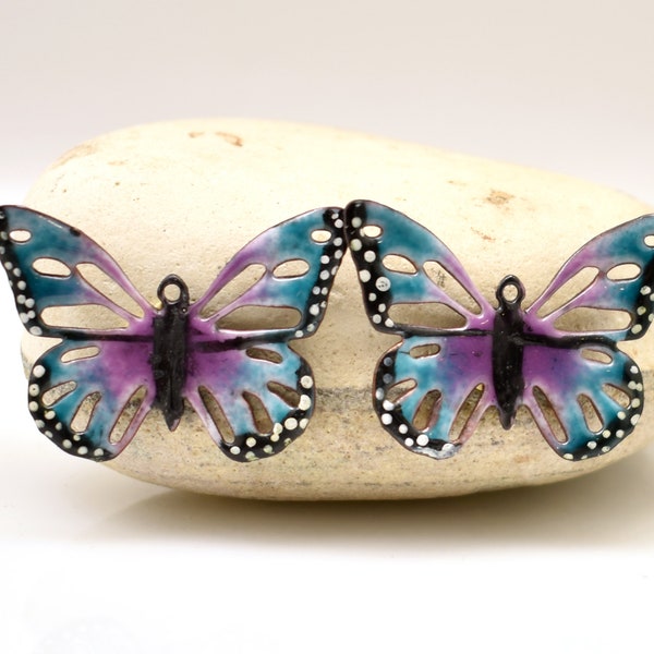 Par de brincos de cobre esmaltado em turquesa e roxo, joias esmaltadas, fabricação de joias, joias de cobre, brincos, cobre esmaltado, componente de joalheria
