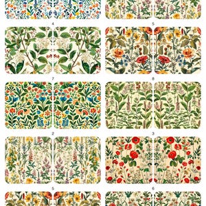 Może przedstawiać: Kolekcja dziesięciu prostokątnych paneli z różnymi wzorami botanicznymi, przedstawiającymi kolorowe ilustracje polnych kwiatów, kwiatów ogrodowych i zielonych liści na kremowym tle, ułożonych w siatkę z ponumerowanymi etykietami od jednego do ośmiu.