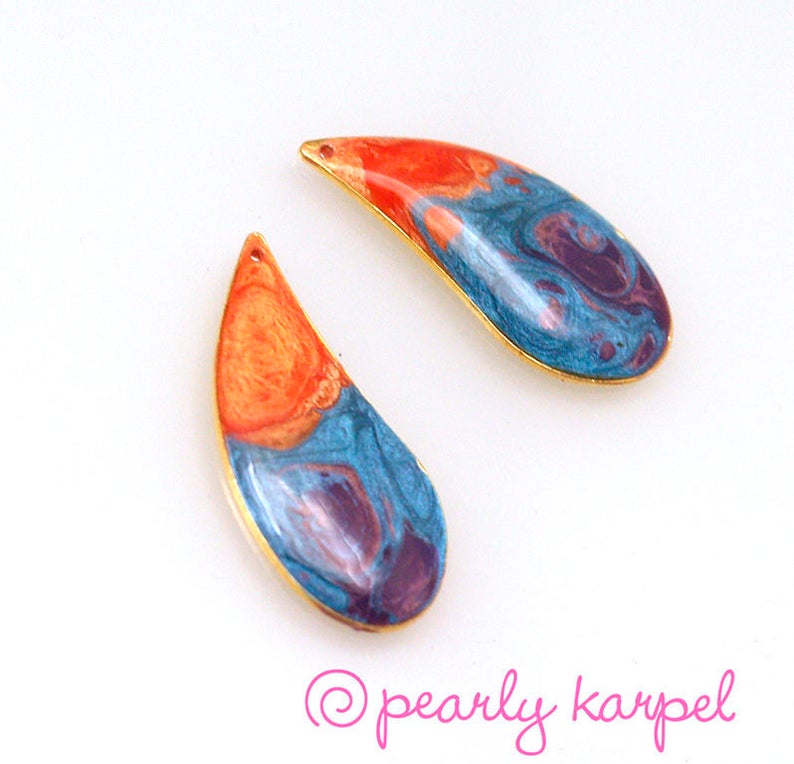 diy jewelry supplies DIY earrings Turquoise Purple orange- Unique Hand Painted Resin components metal accessories MTO drop 14*28mm