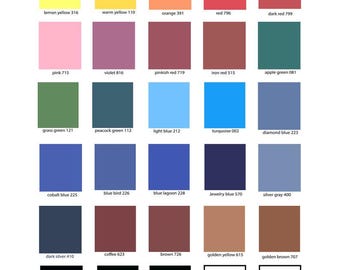 May include: A color chart with 25 different colors, each with a name and a number. The colors are arranged in a grid of five rows and five columns. The colors include lemon yellow, warm yellow, orange, red, dark red, pink, violet, pinkish red, iron red, apple green, grass green, peacock green, light blue, turquoise, diamond blue, cobalt blue, blue bird, blue lagoon, jewelry blue, silver gray, dark silver, coffee, brown, golden yellow, golden brown, black, cobalt black, dark black, clear, and white.
