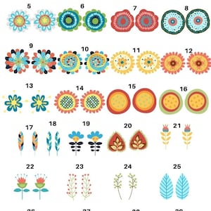 Könnte beinhalten: Eine Sammlung von 29 farbenfrohen Blumen- und Blattdesigns. Die Designs umfassen Blumen mit mehreren Blütenblättern, Federn und Blattformen in Gelb-, Rot-, Blau- und Grüntönen. Geeignet für Bastelarbeiten und Dekorationen.