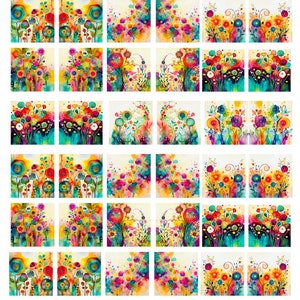 May include: A digital collage of 24 colorful watercolor paintings featuring abstract floral designs. Each painting features a variety of colors, including pink, blue, green, yellow, and orange. The paintings are arranged in a grid pattern, with each painting being a unique design.