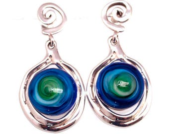 Orecchini blu verdi / Orecchini blu / Orecchini verdi / Orecchini a lume / Orecchini in vetro / Orecchini in argento sterling / Orecchini post argento