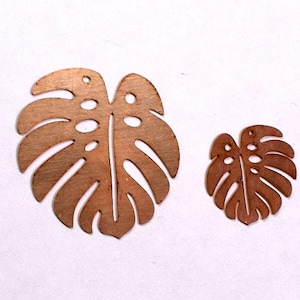May include: Two wooden Monstera leaf cutouts in varying sizes. The leaves are a warm brown color with intricate cut-out details, including the characteristic holes and leaf veins. The cutouts are placed on a white background.