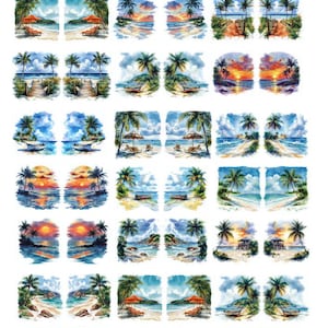 Könnte beinhalten: Eine Sammlung von Aquarelldrucken mit Strandszenen. Jeder Druck zeigt einen tropischen Strand mit Palmen, Booten und Sonnenuntergängen. Einige Drucke zeigen Liegestühle und Sonnenschirme. Die Farbpalette umfasst Blau-, Orange- und Grüntöne.