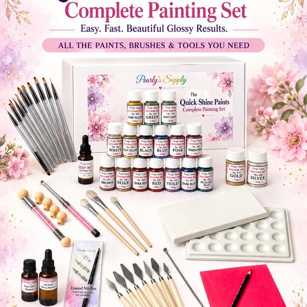 Quick Shine Paints Complete Enamel Painting Set, 18 Colors, Brushes, Palette, Mediums & Tools for Kiln-Fired Enamel Art with a Gift Bag