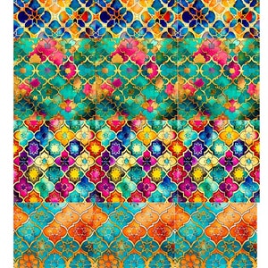 May include: A colorful geometric pattern with a repeating design of blue, green, orange, yellow, red, and purple. The pattern is outlined in gold and has a watercolor effect.