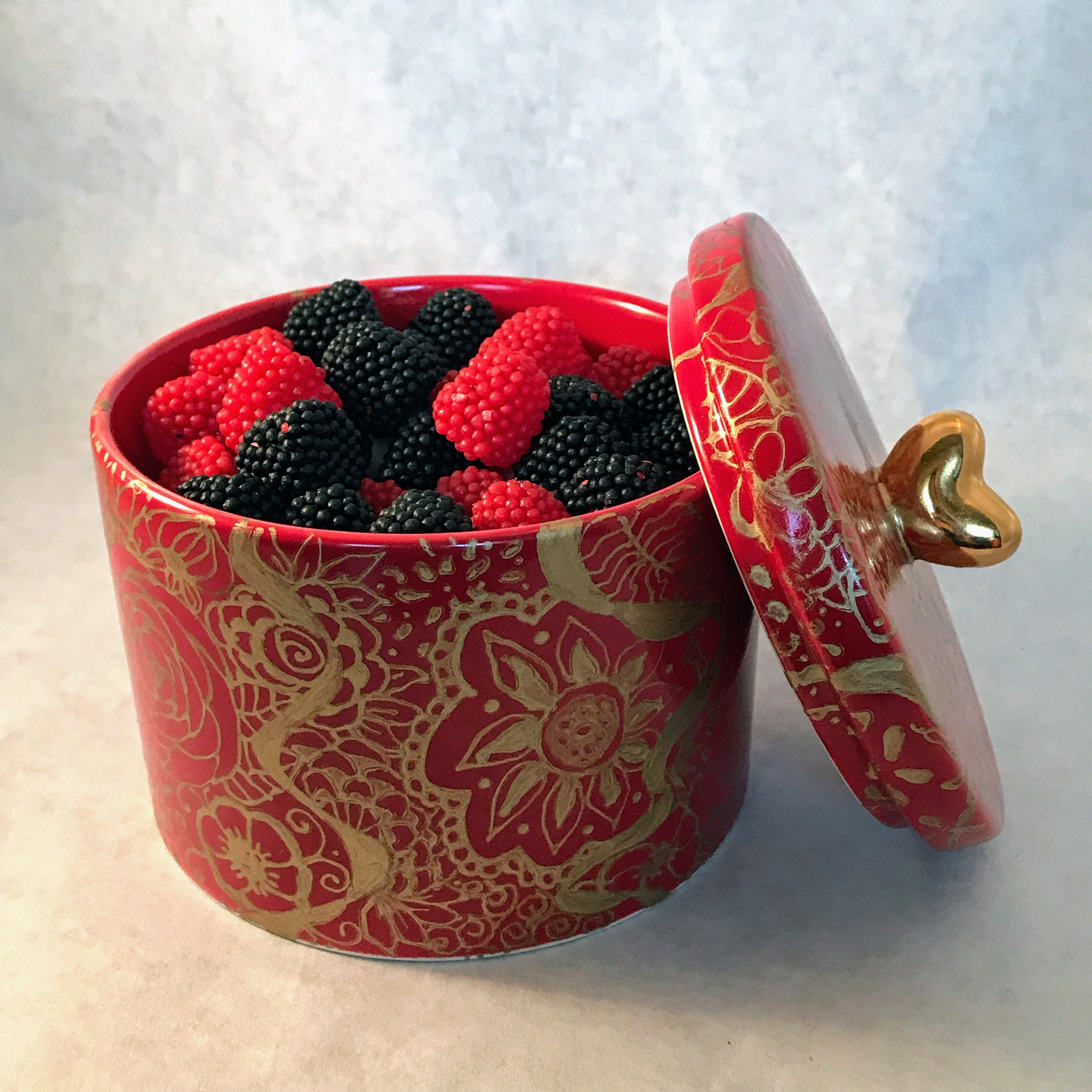 Unique Ceramic Candy Dish With Lid Red With Hand Painted Gold Etsy