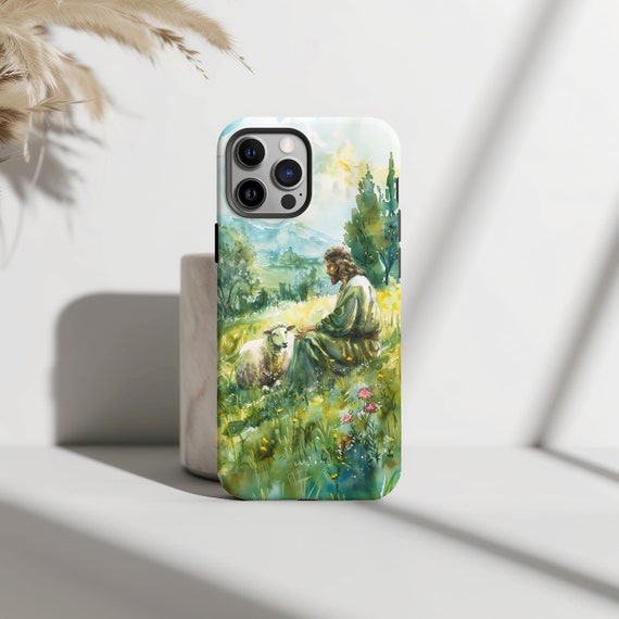 Jesus And Lost Sheep Phone Case, Christian Watercolor God Faith, for iPhone Fits iPhone 17, 16, 15 Series, Samsung Galaxy S25, S24 Models
