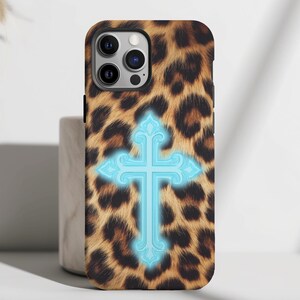 Blue Cross Leopard Print Phone Case, Trendy Cool Girl Aesthetic Case iPhone 15, Pro, Max, Plus, 14, 13, 12, 11, X, XS, XR