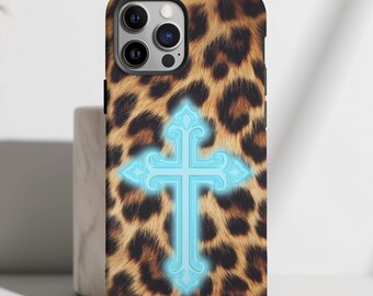 Blue Cross Leopard Print Phone Case | Trendy Cool Girl Aesthetic  iPhone 17, 16, 15  Air Series, Samsung Galaxy S25, S24