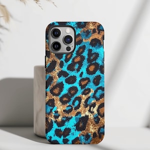 Blue Gold Leopard Print Phone Case, Trendy Cheetah Print, Turquoise Aesthetic Case iPhone 15, Pro, Max, Plus, 14, 13, 12, 11, X, XS, XR