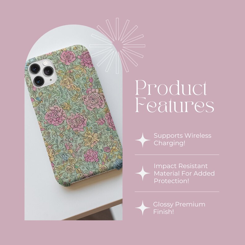 May include: A floral phone case with a green background and pink, yellow, and blue flowers. The case is compatible with wireless charging and is made from impact-resistant material for added protection. It has a glossy premium finish.