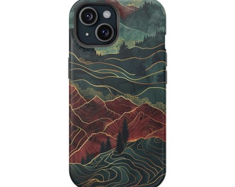 Phone Case Pine Forest Mountains 3D Detailed Phone Case foriPhone 17, 16, 15 Series, Samsung Galaxy S25, S24 Dark Green, Red Gold