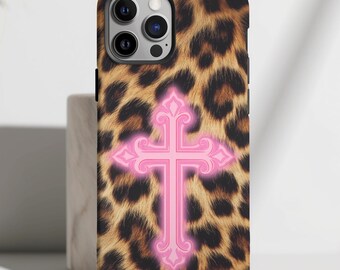 Pink Cross Leopard Print Phone Case, Trendy Cool Girl Aesthetic Case iPhone 17, 16, 15 Series, Samsung Galaxy S25, S24