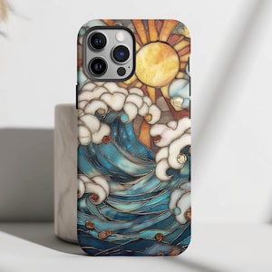 Ocean Wave and Sun Stained Glass Art Phone Case Trendy Aesthetic for iPhone 15, Pro, Max, Plus, 14, 13, 12, 11, X, XS, XR, Samsung