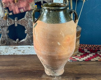 Large Vintage Terracotta Vase, Rustic Turkish Pottery, Primitive Jug, Decorative Old Vessel, Wabi Sabi Pottery, Green Glazed Vase, Pottery