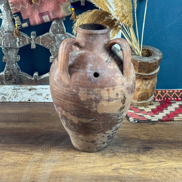 Brown Handmade Large Vintage Turkish Terracotta Vase, Vintage Pottery Clay Flower Pot, Vintage Vase With Decorative Handle