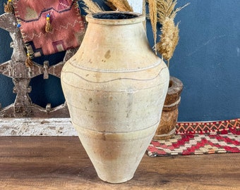Large Vintage Turkish Terracotta Vase, Vintage Pottery Clay Flower Pot, Decorative Vintage Vase, Handmade Terracotta Beige Vase