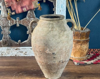 Large Vintage Turkish Terracotta Vase, Vintage Pottery Clay Flower Pot, Vintage Vase With Decorative Handle, Handmade Terracotta Beige Vase