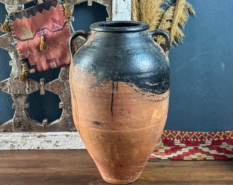 Large Vintage Terracotta Vase, Rustic Turkish Pottery, Primitive Jug, Decorative Old Vessel, Wabi Sabi Pottery, Black Glazed Vase, Pottery