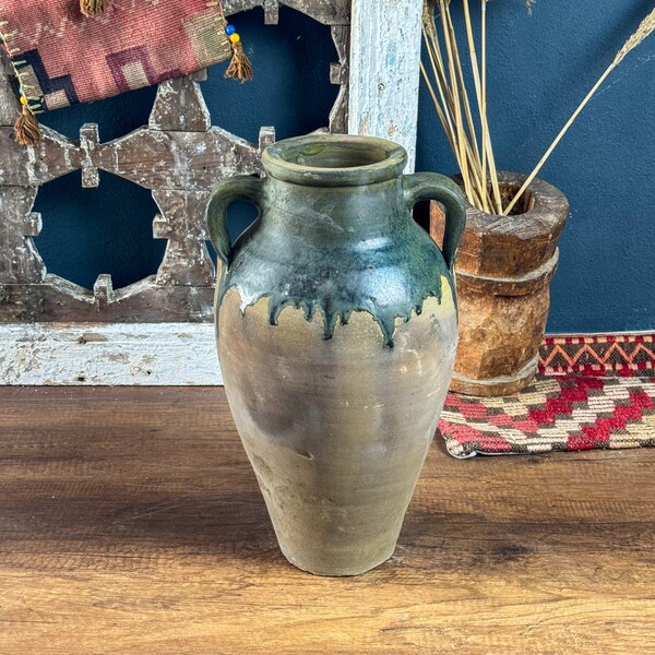 Vintage Terracotta Gray Vase, Rustic Turkish Potter, Primitive Jug, Decorative Old Vessel, Wabi Sabi Pottery, Green Glazed Vase, Pottery Art