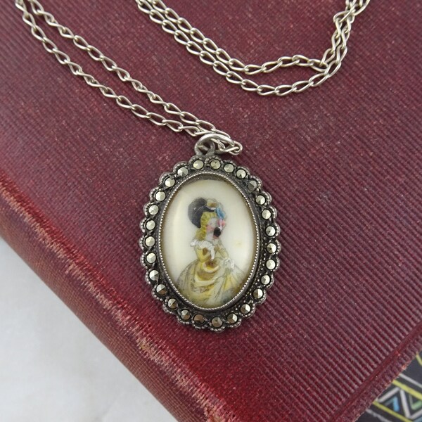 Vintage Thomas Mott TLM Hand Painted Sterling Silver & Marcasite Pendant Necklace,  1920's Miniature Victorian Lady Portrait Cameo Style