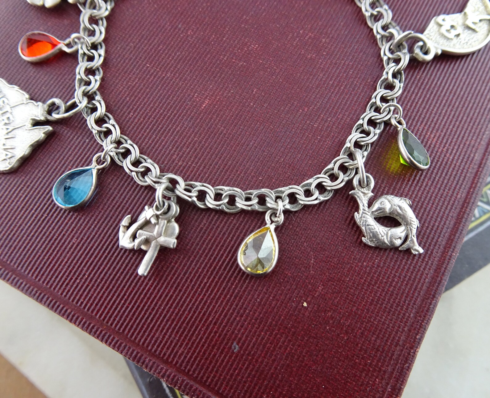 vintage sterling silver charm bracelet, novelty charm bracelet, lots of fun charms, ballet dancer, shoes, map of australia