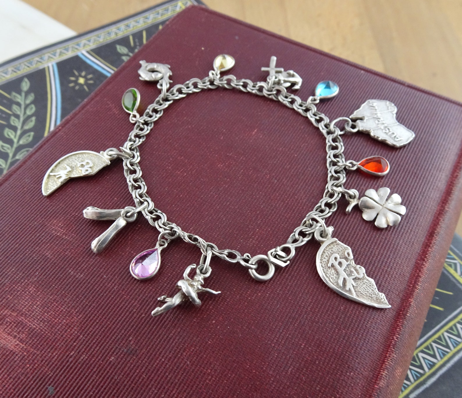 vintage sterling silver charm bracelet, novelty charm bracelet, lots of fun charms, ballet dancer, shoes, map of australia