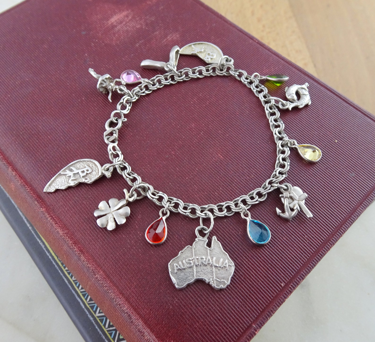 vintage sterling silver charm bracelet, novelty charm bracelet, lots of fun charms, ballet dancer, shoes, map of australia