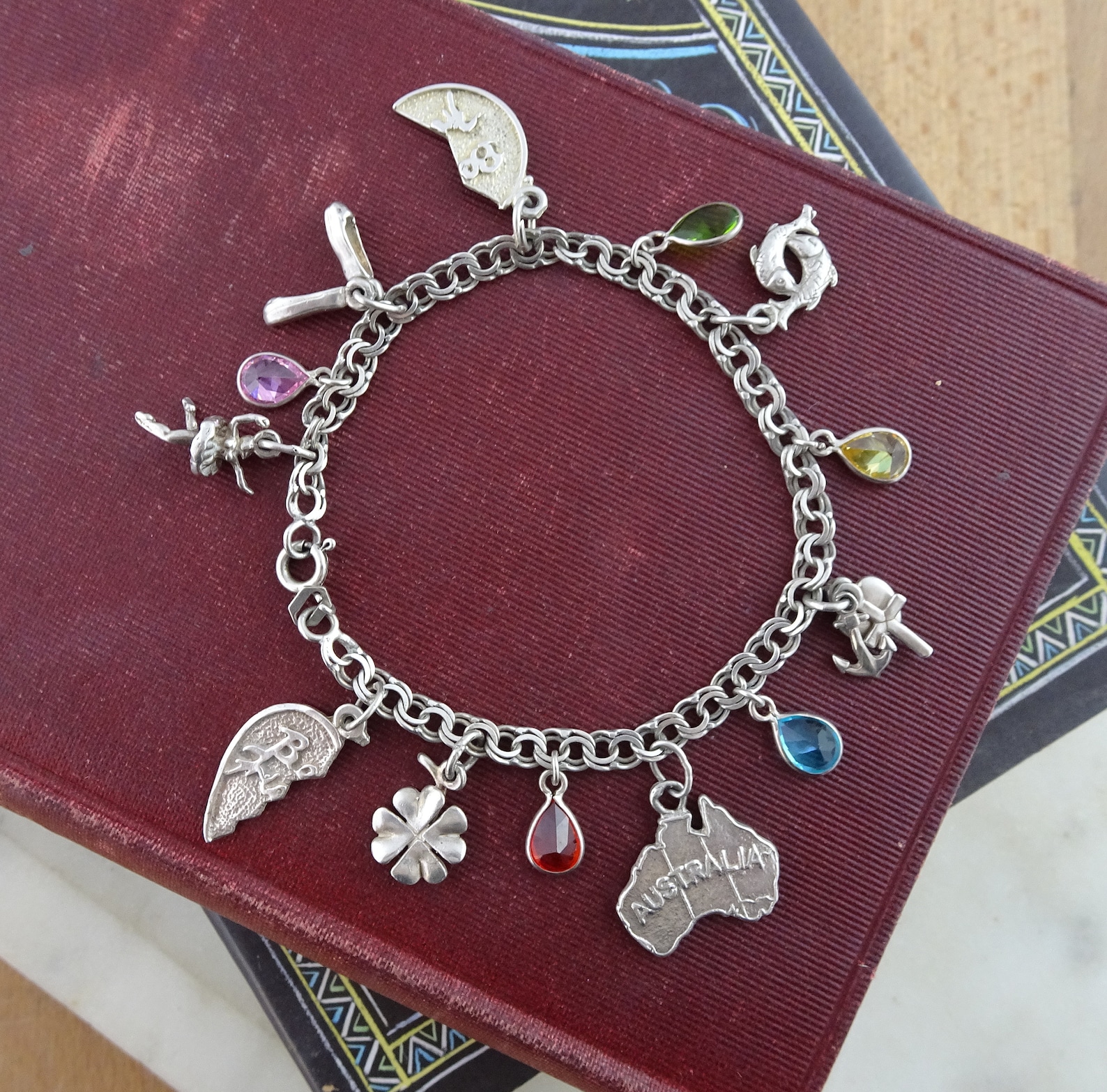 vintage sterling silver charm bracelet, novelty charm bracelet, lots of fun charms, ballet dancer, shoes, map of australia