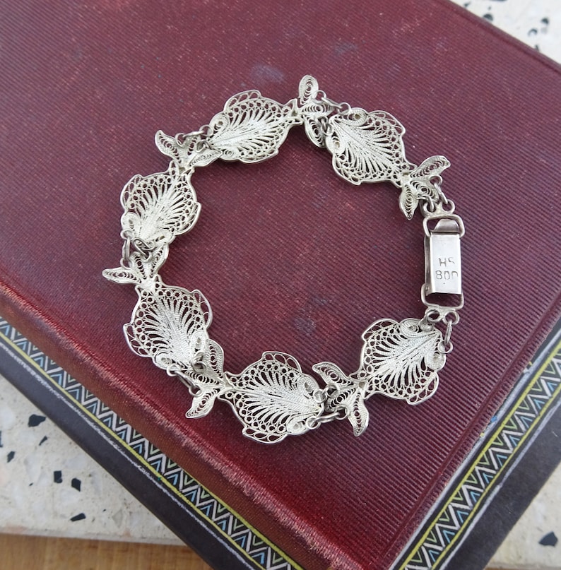 Beach Nautical Jewellery Signed HS 800 Vintage 800 Silver Filigree Fish Panel Bracelet