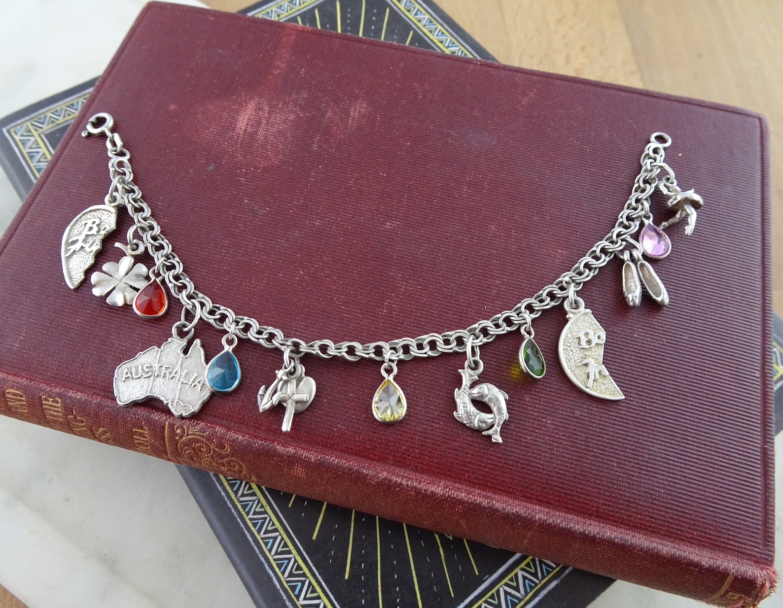 vintage sterling silver charm bracelet, novelty charm bracelet, lots of fun charms, ballet dancer, shoes, map of australia