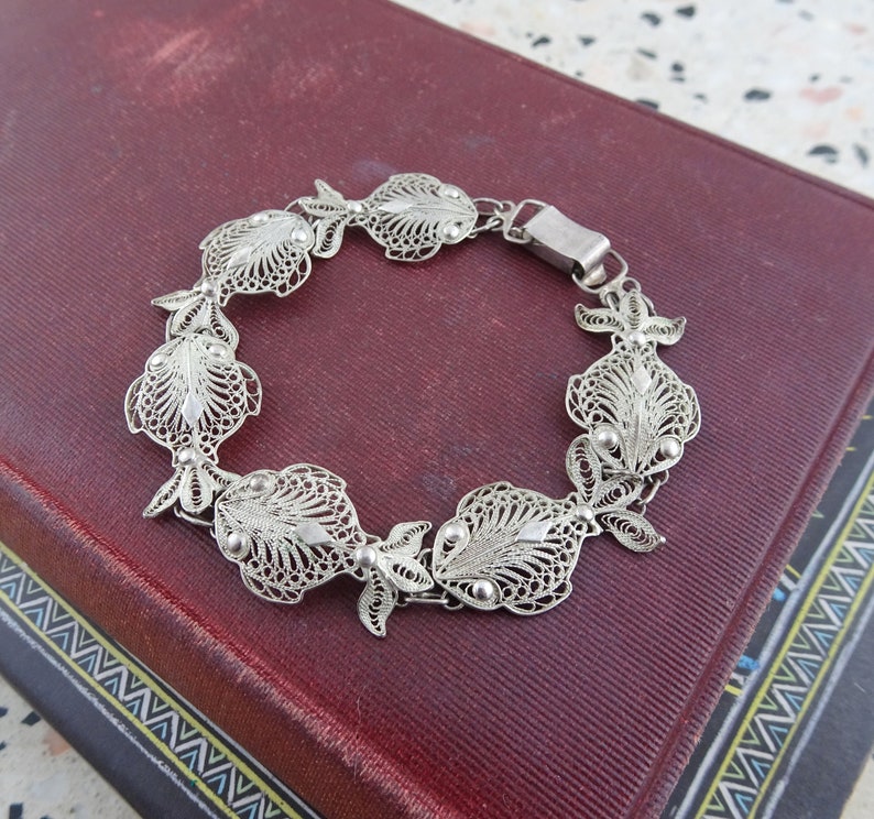 Beach Nautical Jewellery Signed HS 800 Vintage 800 Silver Filigree Fish Panel Bracelet