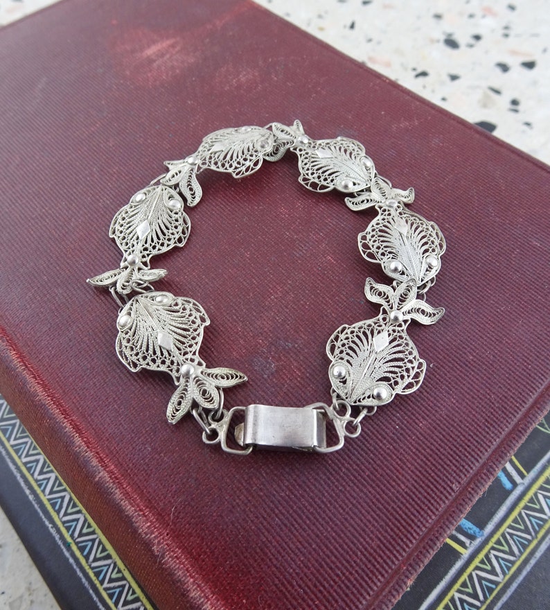 Beach Nautical Jewellery Signed HS 800 Vintage 800 Silver Filigree Fish Panel Bracelet