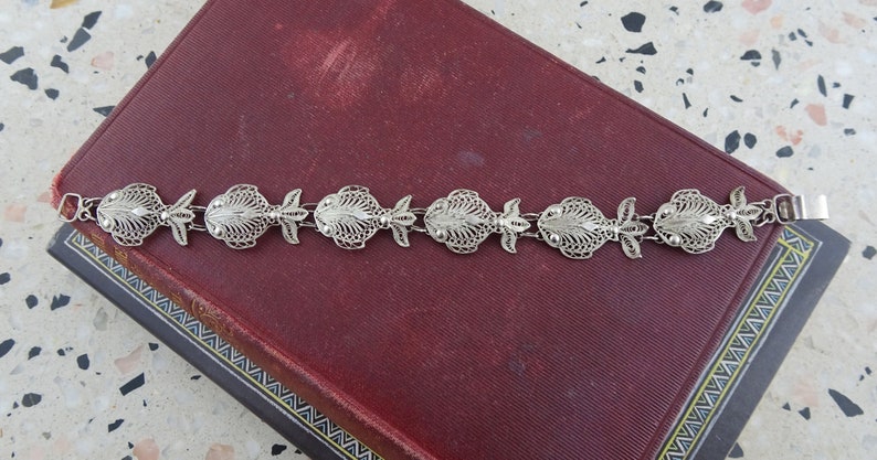 Beach Nautical Jewellery Signed HS 800 Vintage 800 Silver Filigree Fish Panel Bracelet